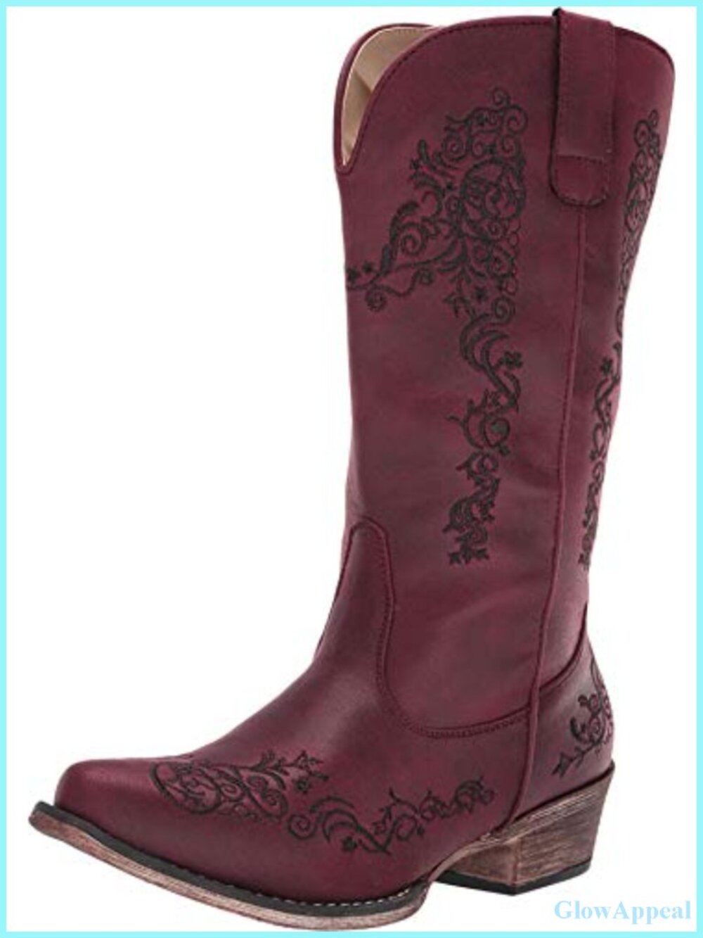 Western Faux Leather Mid-Calf Pull-On Boots with Embroidery